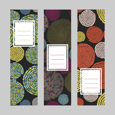 Set of abstract vertical banners. Text frame. Bead motif series. Black background. Round elements. Simple design for invitation, postcard or flyer.のイラスト素材