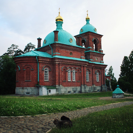 The Resurrection skete near Nikonovsky bay. Toned photo. Island Valaam. Beautiful churches. Voskresensky church. Island of Valaam, Republic of Kareliya, Russia.の写真素材
