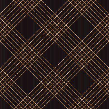 Asian motif. Seamless pattern based on japanese sashiko. Scratched golden ornament on the black background. Abstract backdrop. Simple texture for web-page background, decoration or pattern fills.のイラスト素材