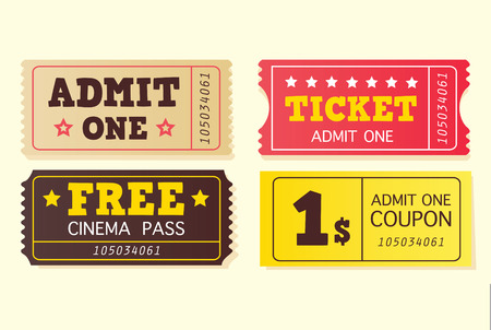 Vintage cinema tickets. On movie or to Theatre? Use my tickets! In 4 different variants. Vector Illustration. のイラスト素材