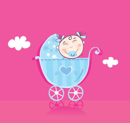 Happy baby in pram. It's girl! Vector cartoon Illustration.のイラスト素材