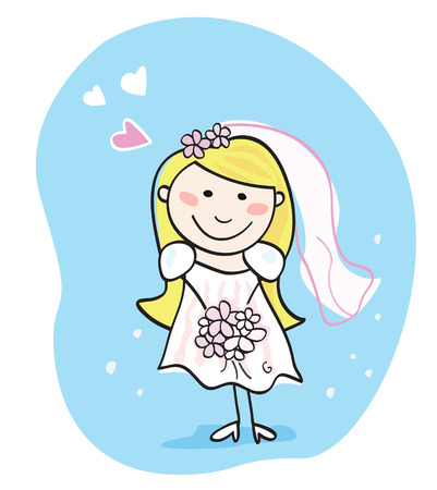 Bride in white. This beautiful bride in white dress is still waiting for the right one. Bride  doodle character. Art vector Illustration.のイラスト素材