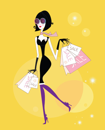 Shopping girl. Sales begin! Girl with shopping bags. Lifestyle vector Illustration.のイラスト素材