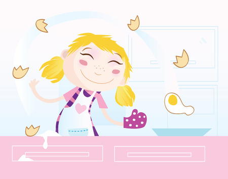 Girl is cooking. Food preparation. Woman in the kitchen. Vector Illustration.のイラスト素材