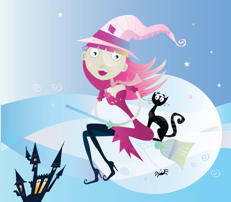 Halloween sexy witch. Flying halloween witch by midnight moon. Vector Illustration.のイラスト素材