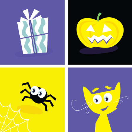 Halloween retro icons. Halloween vector Iconset. Series included symbols of halloween present, cat, pumpkin head and spider.のイラスト素材