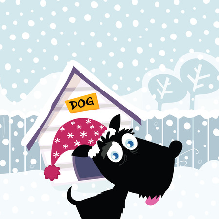 Funny christmas dog. Adorable christmas doggie in christmas hat. Vector Illustration.のイラスト素材
