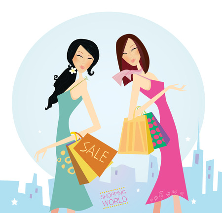 Shopping womans in the city. Shopping womans in town isolated on white. Vector Illustration.のイラスト素材