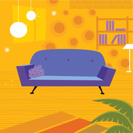 Retro living room in retro style. Old retro styled interior with sofa and bookcase. Vector Illustrationのイラスト素材
