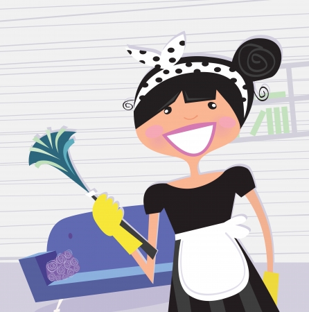 Housewife  french maid. Cleaning house service or busy mom in household? Vector cartoon illustration.のイラスト素材
