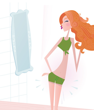 Slim girl is looking on her weight before mirror.のイラスト素材