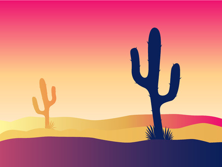 Cactus desert sunset. Scene with desert cactus plant and weeds. Sunset in desert. Vector Illustration.のイラスト素材