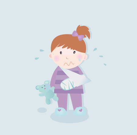 Small patient - child with fractured bone. Small crying child with fractured bone and blue teddy bear. Vector Illustration.のイラスト素材