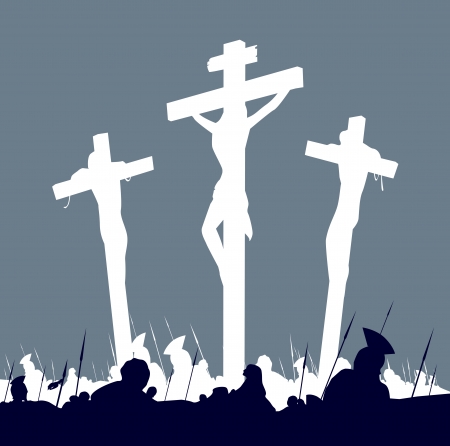 Jesus Christ crucifixion - scene with three crosses. Calvary crucifixon scene with three crosses. Vector Illustration.のイラスト素材
