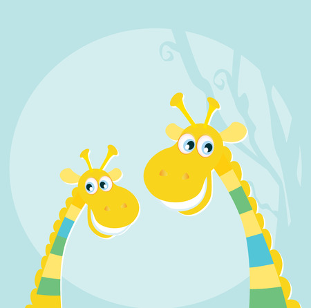 Funny jungle yellow giraffes. Vector illustraton of happy giraffes in the jungle. Vector characters.のイラスト素材