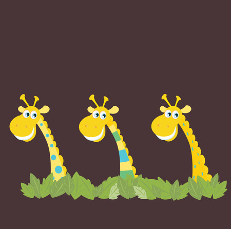 Three african safari giraffes. Yellow safari giraffes behind jungle leafs. Vector cartoon illustration of funny animals in retro style.のイラスト素材