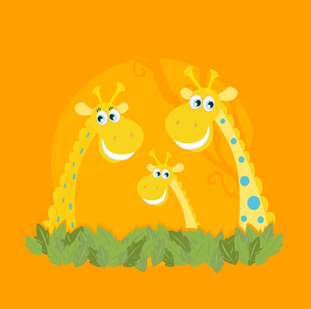Cute giraffe family portrait. Vector Illustration of giraffe family. Funny animal characters in retro style.のイラスト素材