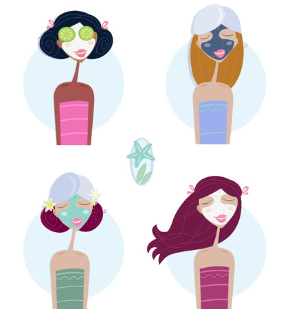 Facial treatment: Women with facial mask. Four beautiful girls with facial mask. Take wellness treatment - Cucumber on eyes, Dead sea facial mask, Green natural peeling and Calm creme for every skin. のイラスト素材