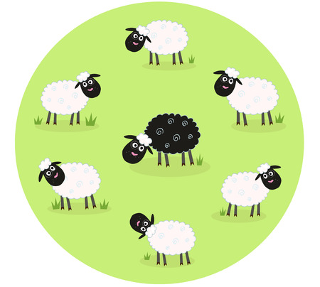 One black sheep is lonely in the middle of white sheep family. Stylized  illustration of sheep family. The black sheep is different. This sheep is outsider and standing alone. のイラスト素材