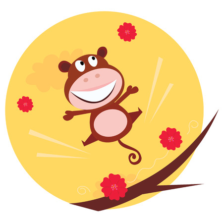 Happy jumping monkey and red flowers in the air. Cute brown monkey is jumping in the air.  cartoon illustration.のイラスト素材