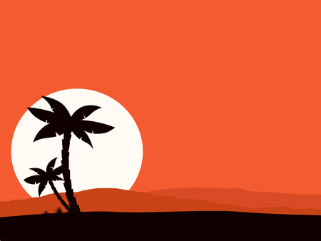 Retro holiday red background with sunset and palm silhouette. Vector Illustration of tropical holiday background. Black palm silhouette and sun behind hills.のイラスト素材