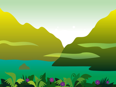 Mountain and jungle landscape background. Vector Illustration of tropical rainforest. Jungle landscape with mountain,  exotic plants and river.のイラスト素材