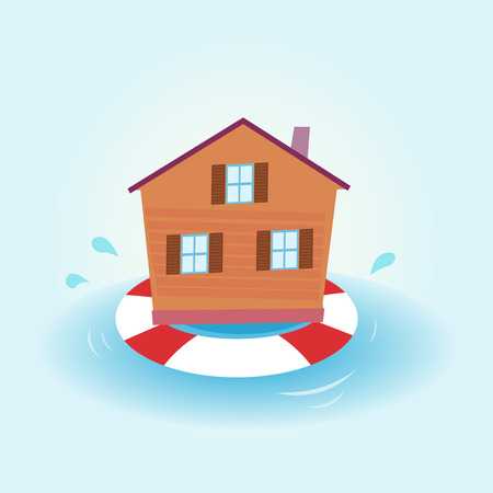 House flood - staying afloat. Illustration of house staying over water. Nature disaster or economic crisis? The house stay afloat.のイラスト素材