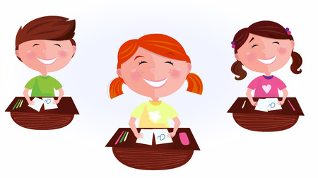 Back to school: cartoon kids in classroom. School is fun! Happy Boy and two girls sitting  in school classroom. Stylized cartoon illustration of classmates.のイラスト素材