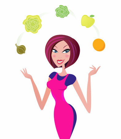 Woman with healthy food isolated on white. Super woman chef juggling with vegetable ingredients. She has sexy pink kitchen uniform.  Illustration.のイラスト素材