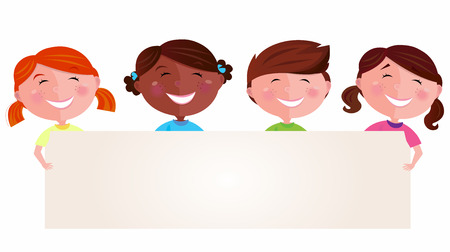Cute multicultural kids holding a blank banner for your message. Vector Illustration of multicultural kids. Blank space for your message.のイラスト素材