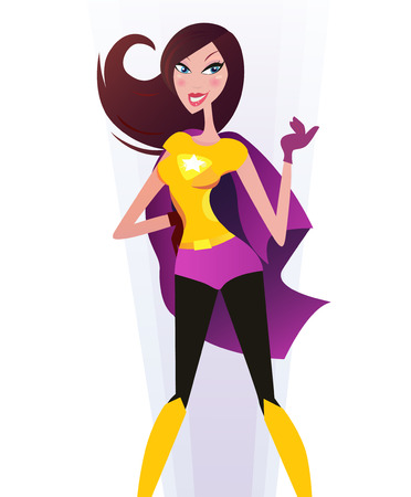 Woman in  superwoman pink costume (superhero). Sexy superwoman in pink costume. She is strong and powerful. Illustration of sexy super woman isolated on white background.のイラスト素材