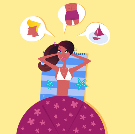 Single sexy woman on the beach dreaming about perfect man. Illustration of sexy dark skin woman lying on the beach. She is dreaming about perfect man!のイラスト素材