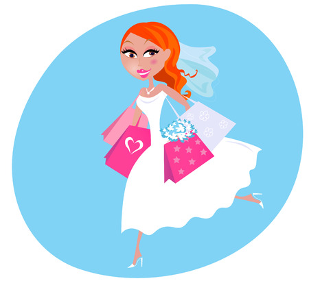 Bride is preparing to marriage. She is doing shopping before wedding.  illustration of cute Bride in white dress with shopping bags.のイラスト素材