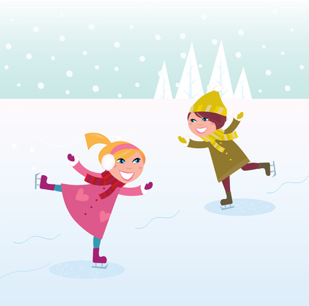 Two kids in winter costumes practicing ice skating on frozen lake. cartoon illustration.のイラスト素材