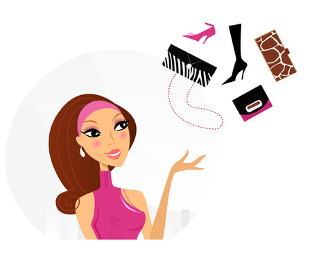 Shopping woman making decision what to buy. Vector Illustration.のイラスト素材