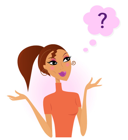 Confused Woman with question in think bubble. Vector illustration.のイラスト素材