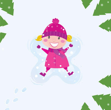 Happy blond girl making angel in snow. Trees are around little child. Vector Illustration.のイラスト素材