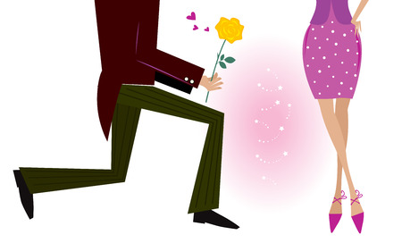 Valentine couple: man on knee is giving woman rose. Man is giving woman gift - yellow rose. Vector Illustration in retro style.のイラスト素材