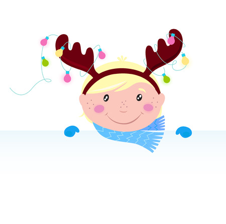 Cute funny Child in reindeer costume with blank banner / signのイラスト素材