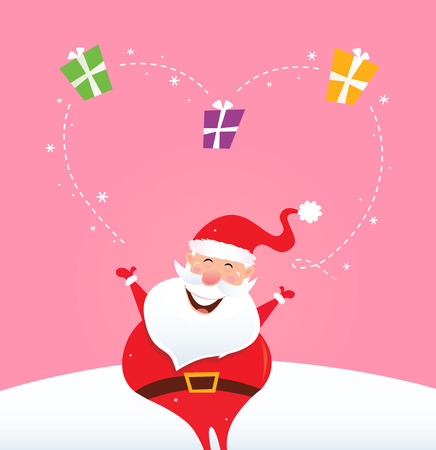 Santa juggling with christmas gifts and making big heart. Vector Illustration.のイラスト素材