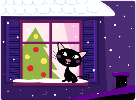 Cat looking through window, christmas tree and xmas snowy night. VECTORのイラスト素材