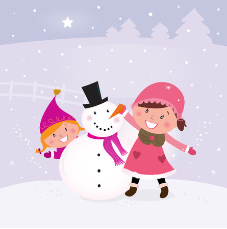 Happy smiling kids in winter costumes making snowman. Vector Illustration.のイラスト素材