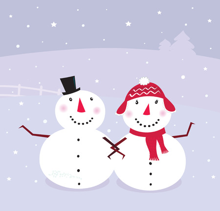 Winter day: Snowman & Snow - woman, cute snowy couple. VECTORのイラスト素材