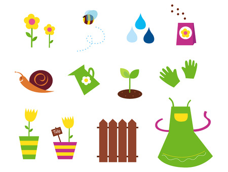 Spring, garden &amp, agriculture symbols and elements - green, yellow and pink のイラスト素材
