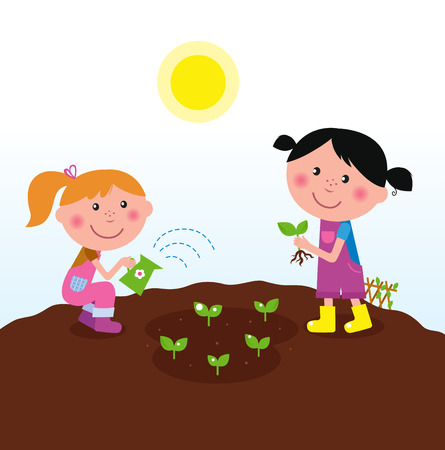 Two happy kids watering and planting plants in the garden のイラスト素材