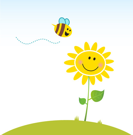 Spring & nature: Happy yellow flower with bee. Vectorのイラスト素材