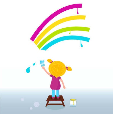 Little artist - cute child painting Rainbow on the Wall. Vectorのイラスト素材
