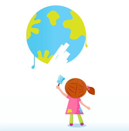 Little artist - child painting Earth ( planet, globe ). Vectorのイラスト素材
