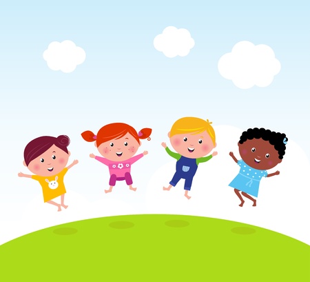 Happy jumping girls and boy. Vector illustration of kids group.のイラスト素材