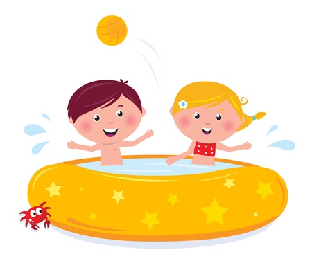 Happy smiling kids in swimming pool, summer illustration cartoon vector.のイラスト素材